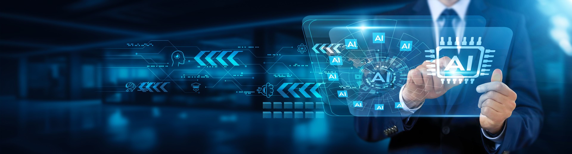 Businessman touching interface and interacting with artificial intelligence (AI), digital transformation strategies, AI-driven decision-making, predictive analytics, and automated processes concept.
